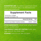 Vitamin E Supplements, 1,000 IU Per Serving, 240 Softgels – Extra Strength Antioxidant Protection – Bioavailable Stable Form – Skin, Heart, Brain, & Immune Support – Non-GMO