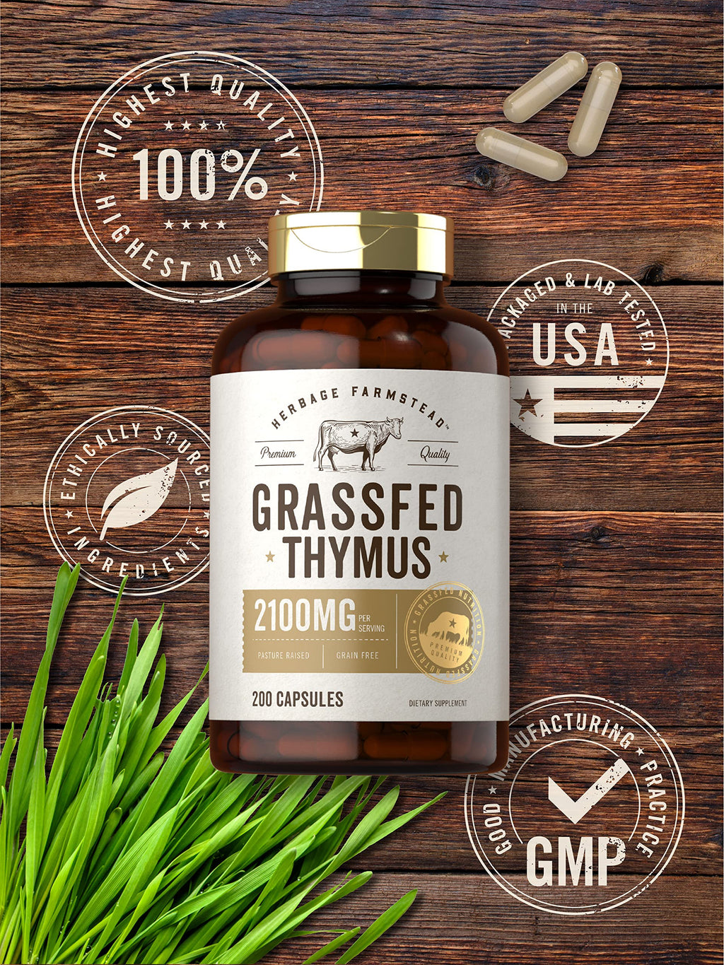 Carlyle Grass Fed Beef Thymus | 2100mg | 200 Capsules | Bovine Supplement | Pasture Raised, Non-GMO, Gluten Free | by Herbage Farmstead