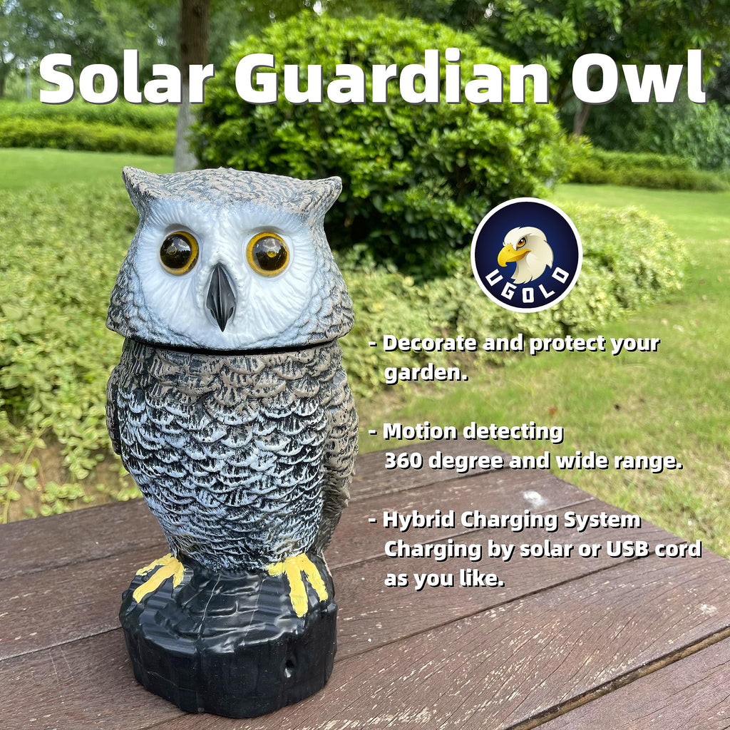 Ugold Solar Powered Garden Owl with Motion Detection, Rotating Head, Realistic Hoots and Silent Mode, Outdoor Statue and Sculpture, Owl Decoration for Home, Garden, Patio and Lawn