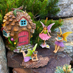 Mood Lab Fairy Garden Figurines - Pinecone Fairy House Set (4 pcs) - Miniature Decorative Statues & Accessories - Outdoor & Indoor Garden Decor