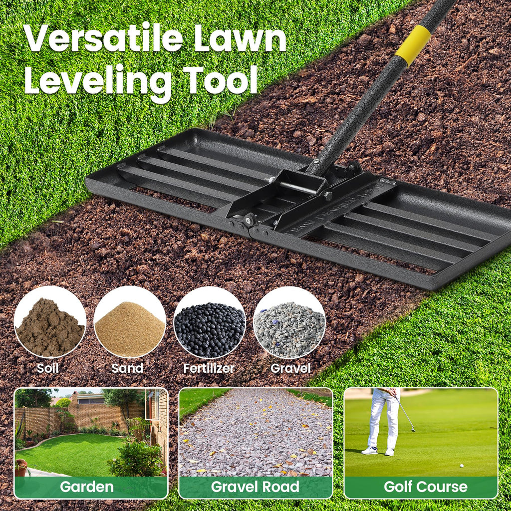 Lawn Leveling Rake - Heavy Duty 30" x 10" Lawn Leveler,Anti-Flip Edge, Adjustable 6FT Handle, Folding Plate for Yard, Soil, Sand, Topsoil,Gravel - Garden Ground Top Dressing,Landscaping tool