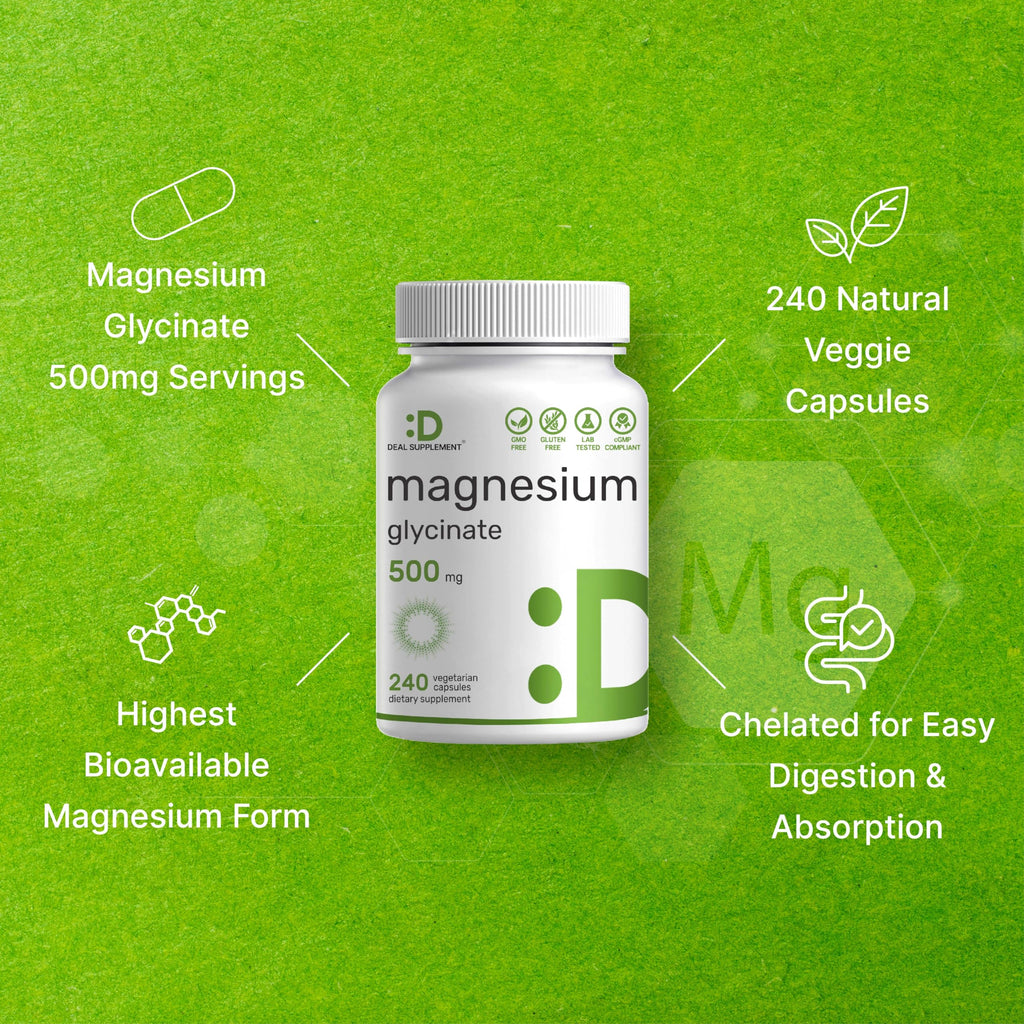 Deal Supplement Magnesium Glycinate 500mg, 480 Veggie Capsules | 100% Chelated for Easy Absorption | Essential Mineral Supplement | Non-GMO, Gluten-Free