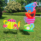 2 Pcs Giant Alice Party Decorations Props Sets Wonderland Yard Signs Decor Mad HatterTea Party Decoration Alice Themed Trick or Treat Stacked TeacupsTeapot with Stakes Stand Indoor Outdoor