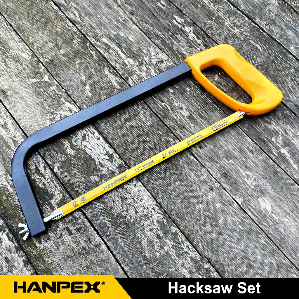 Hanpex 12in. High-Tension Hacksaw Frame with 5pcs Extra Bi-metal Blades, Hand Saw Suitable for Metal, wood, PVC, Carpentry