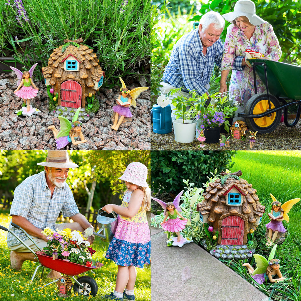 Mood Lab Fairy Garden Figurines - Pinecone Fairy House Set (4 pcs) - Miniature Decorative Statues & Accessories - Outdoor & Indoor Garden Decor