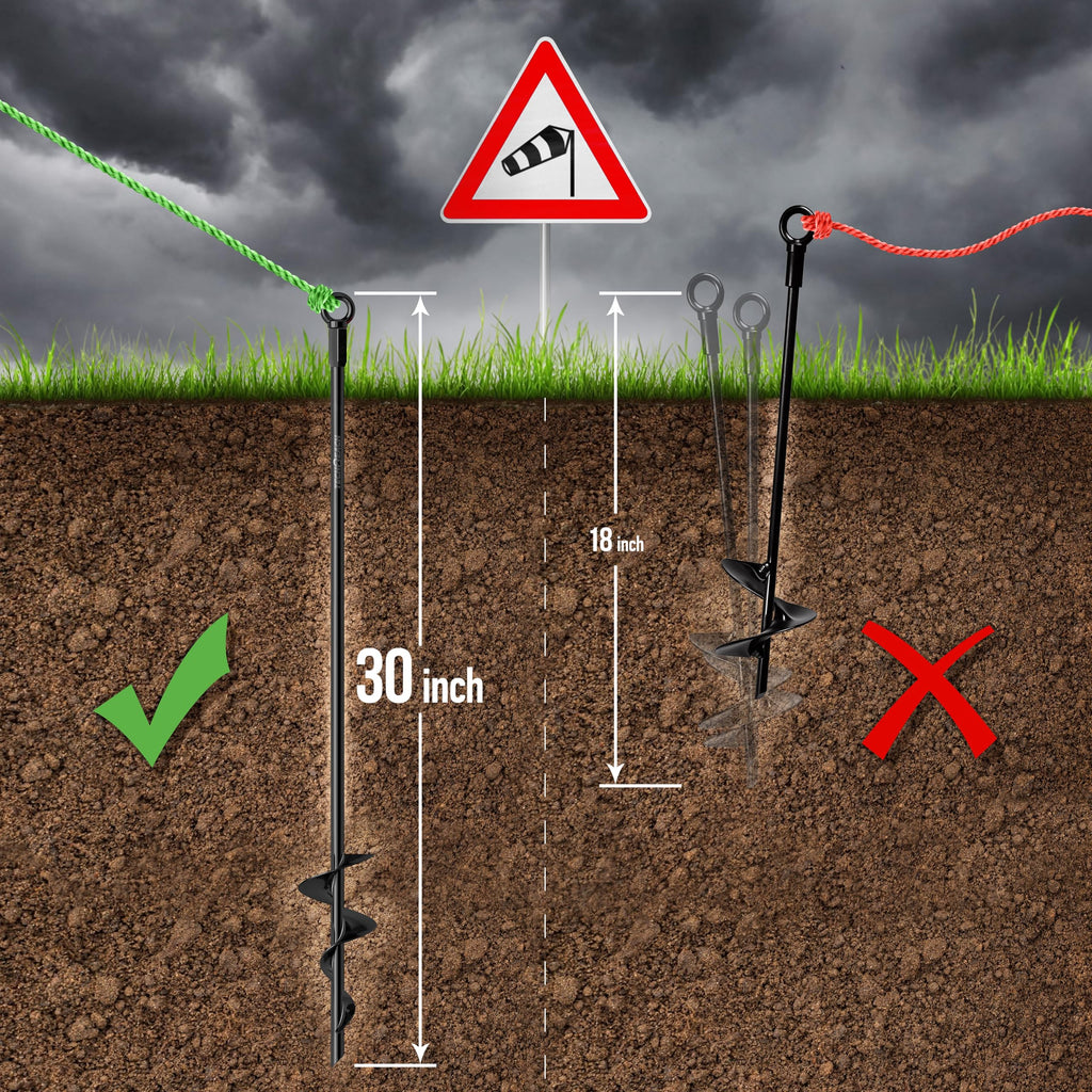 30 inch Ground Anchors Heavy Duty Screw in - Kit of 4 Fully Welded Earth Anchors - Long Spiral Tie Down Stakes for Swing Set Shed Trampoline Canopy Tree Tent - High Wind Anchor - Sand Auger Stake
