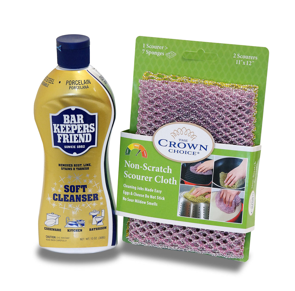 BAR KEEPERS FRIEND Soft Cleanser Liquid (13 OZ) and Non Scratch Scouring Scrubber Kit | Multipurpose, Stainless Steel, Rust, Soft Cleaner with Heavy Duty Non Scratch DishCloth