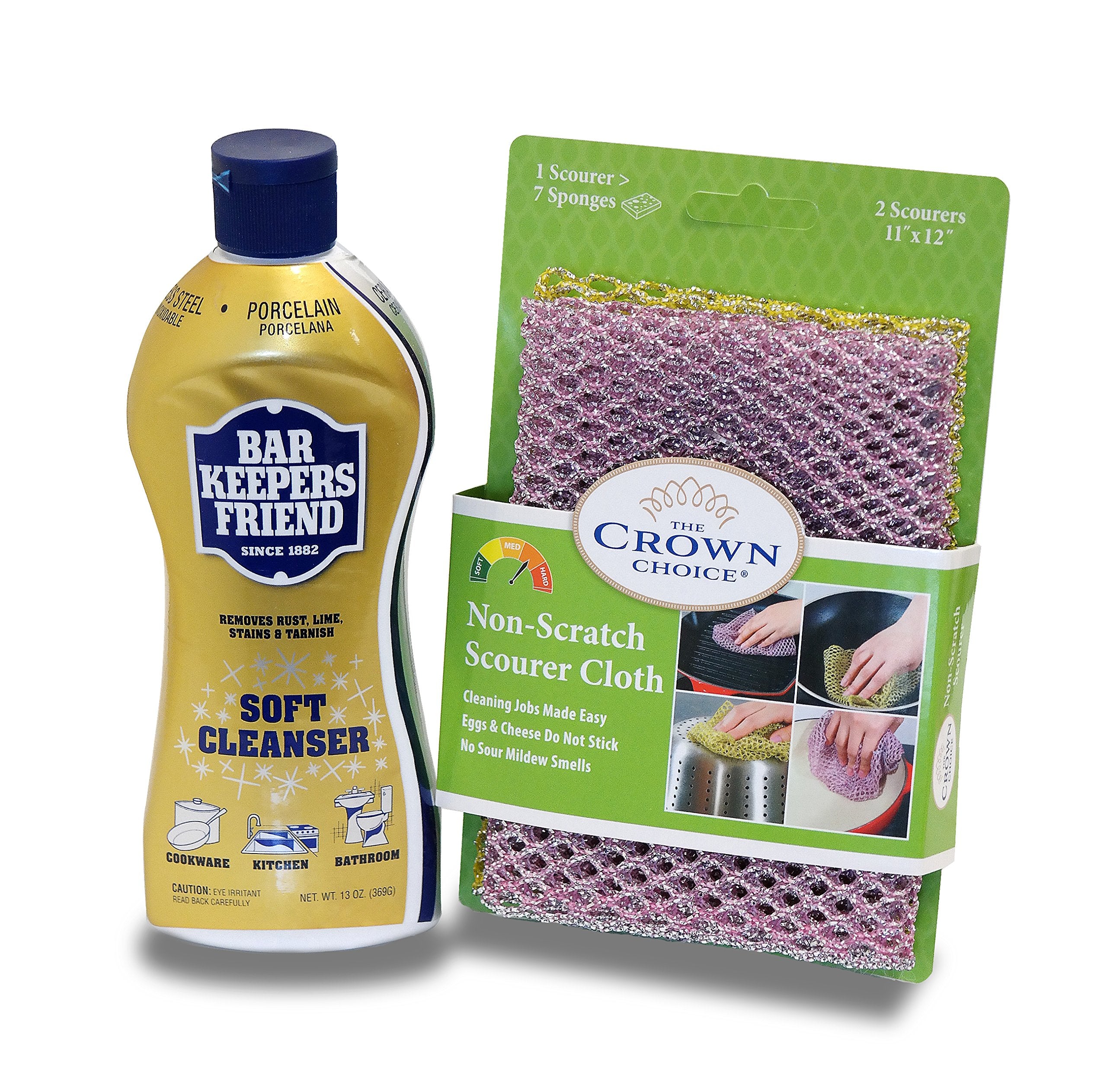 BAR KEEPERS FRIEND Soft Cleanser Liquid (13 OZ) and Non Scratch Scouring Scrubber Kit | Multipurpose, Stainless Steel, Rust, Soft Cleaner with Heavy Duty Non Scratch DishCloth