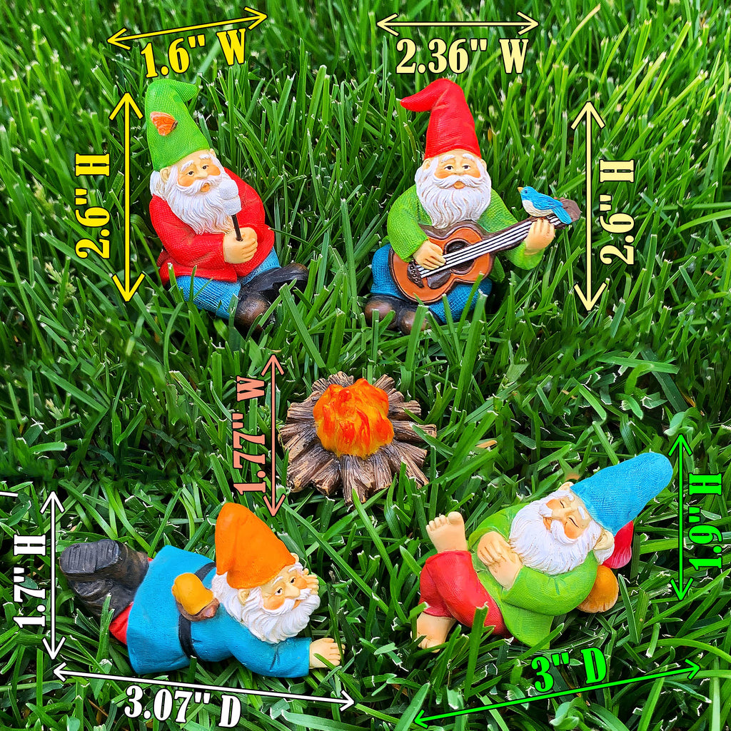 Mood Lab Garden Gnome Figurines - Camping Gnomes Set (5 pcs) - 2.6" H Miniature Decorative Statues & Accessories - Outdoor & Indoor Garden Decor