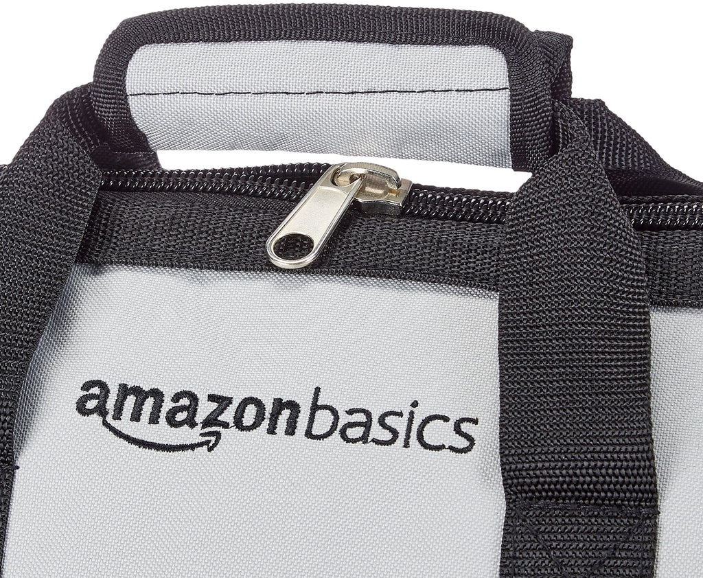 Amazon Basics Durable Wear-Resistant Tool Storage Bag with Adjustable Shoulder Strap, Portable Tool Organizer, 16 in, Black & Grey