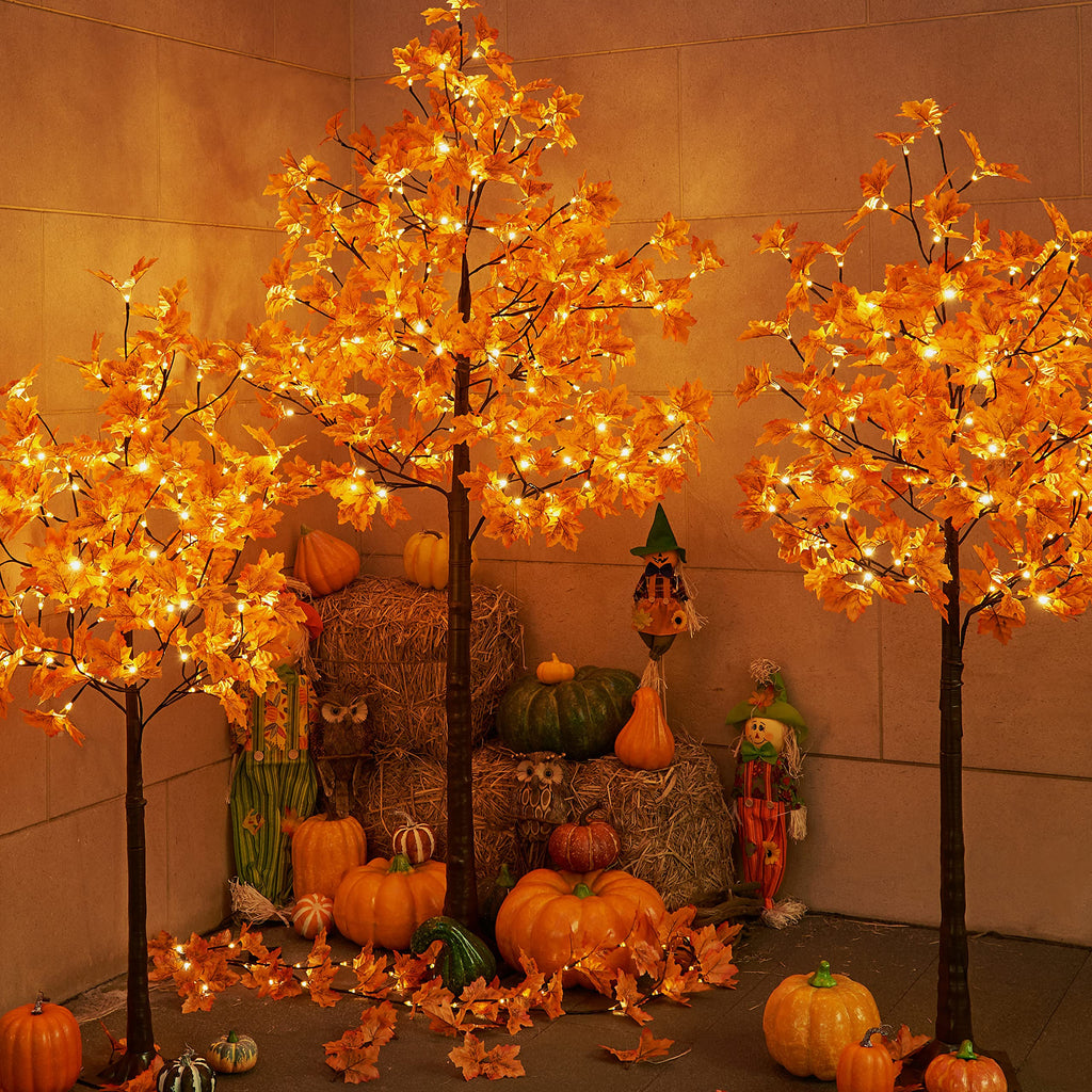 LIGHTSHARE 5FT 96LED Artificial Lighted Maple Tree Warm White Halloween Fall Decorations Indoor Ourdoor, Orange