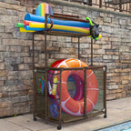 Essentially Yours Pool Storage Equipment Organizer Holder - Noodles, Toys, Balls and Floats Mesh Rolling Double Decker Bin, Large with Noodle Holder, (35.3" W x 23" L x 59.4" H), Brown Style 561935