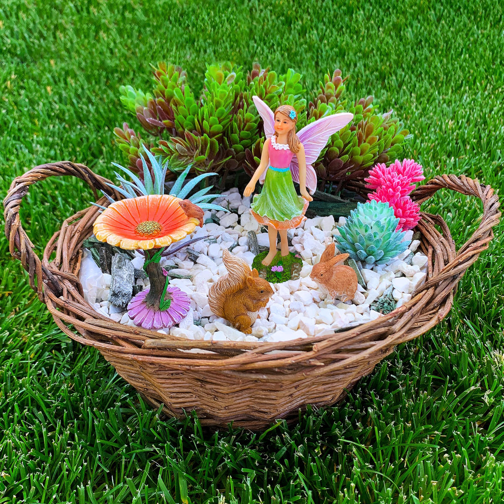 Mood Lab Fairy Garden Figurines with Flower - Miniature Decor Set (4 pcs) - Statues & Accessories - Outdoor Indoor Garden Decor