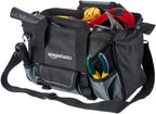 Amazon Basics Durable Wear-Resistant Tool Storage Bag with Adjustable Shoulder Strap, Portable Tool Organizer, 16 Pockets, 12 in, Black & Gray
