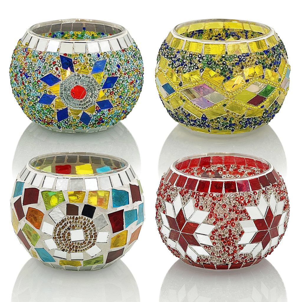 SHMILMH Glass Candle Holder Set of 4, Diwali Gift Votive Candle Holders Handmade Mosaic Glass Tealight Holders Diwali Christmas Table Decorations for Home