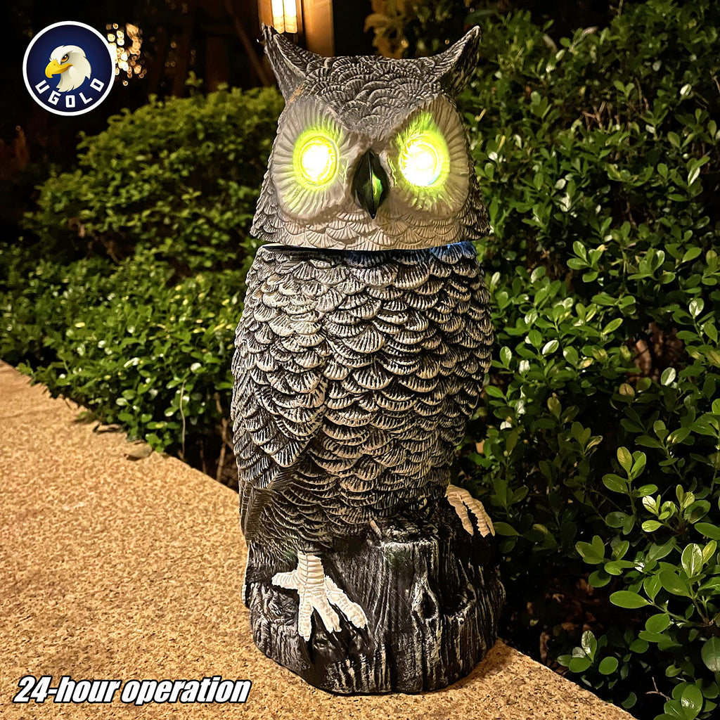 Ugold Solar Powered Snow Owl with Glowing Eyes, Rotatable Head, Realistic Hoots, Detection and Silent Mode, Garden Sculpture, Decoration for Home, Garden, Patio and Lawn