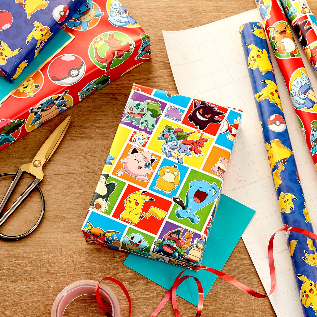 Hallmark Pokémon Wrapping Paper Rolls - Pikachu, Charmander, Bulbasaur Gift Wrap Paper (Set of 3 Rolls: 60 sq. ft. ttl.) for Birthday, Kids Parties, Gamers, Christmas Presents