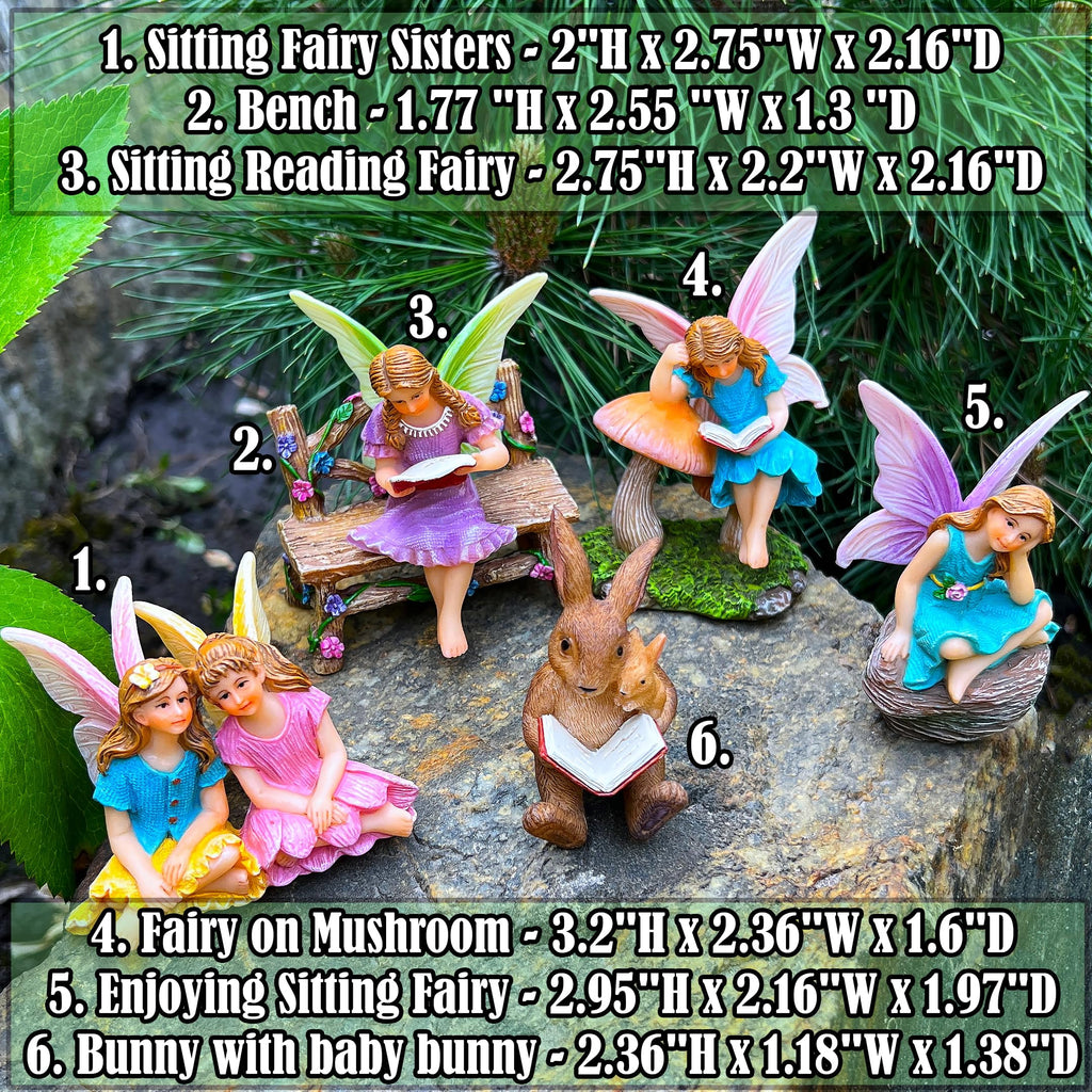 Mood Lab Fairy Garden Figurines - Reading Fairies Set (6 pcs) - Miniature Decorative Statues & Accessories - Outdoor & Indoor Garden Decor