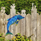 John's Studio Dolphin Wall Decor Outdoor Metal FIsh Sea Hanging Art Glass Sculptures Home Ocean Theme Decorations for Living Room, Bedroom, Yard, Fence and Patio - 17.5 Inches