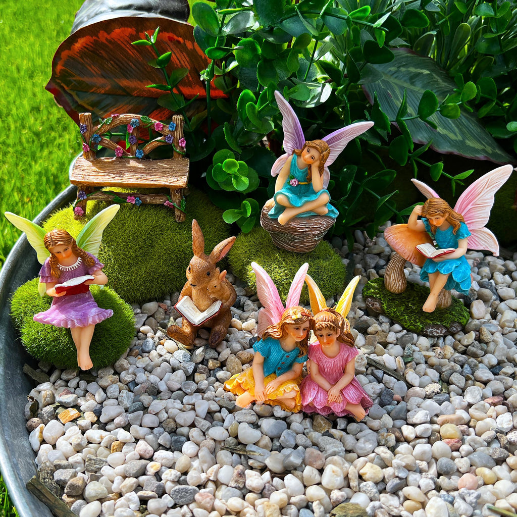Mood Lab Fairy Garden Figurines - Reading Fairies Set (6 pcs) - Miniature Decorative Statues & Accessories - Outdoor & Indoor Garden Decor