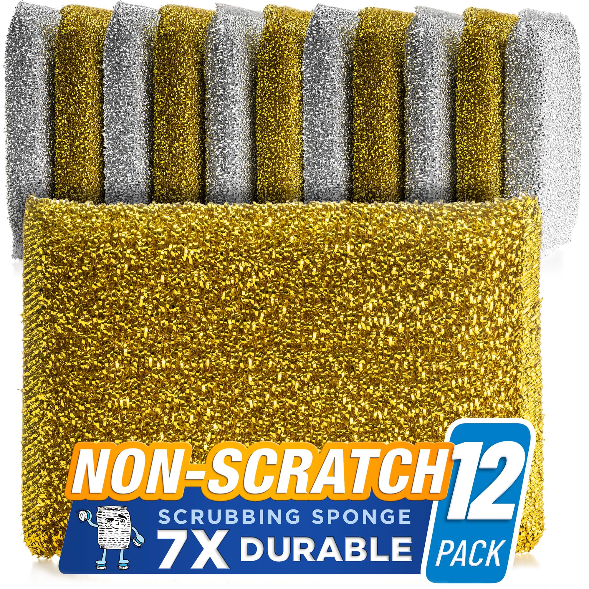 SPONGENATOR Kitchen Scrubbing Sponges - Heavy Duty Non-Scratch Scrubbing Cleaner Sponges in 2 Colors - Multi-Surface Non-Metal Dish Scouring Scrubbers for Fast Cleaning (Gold & Silver, 12)