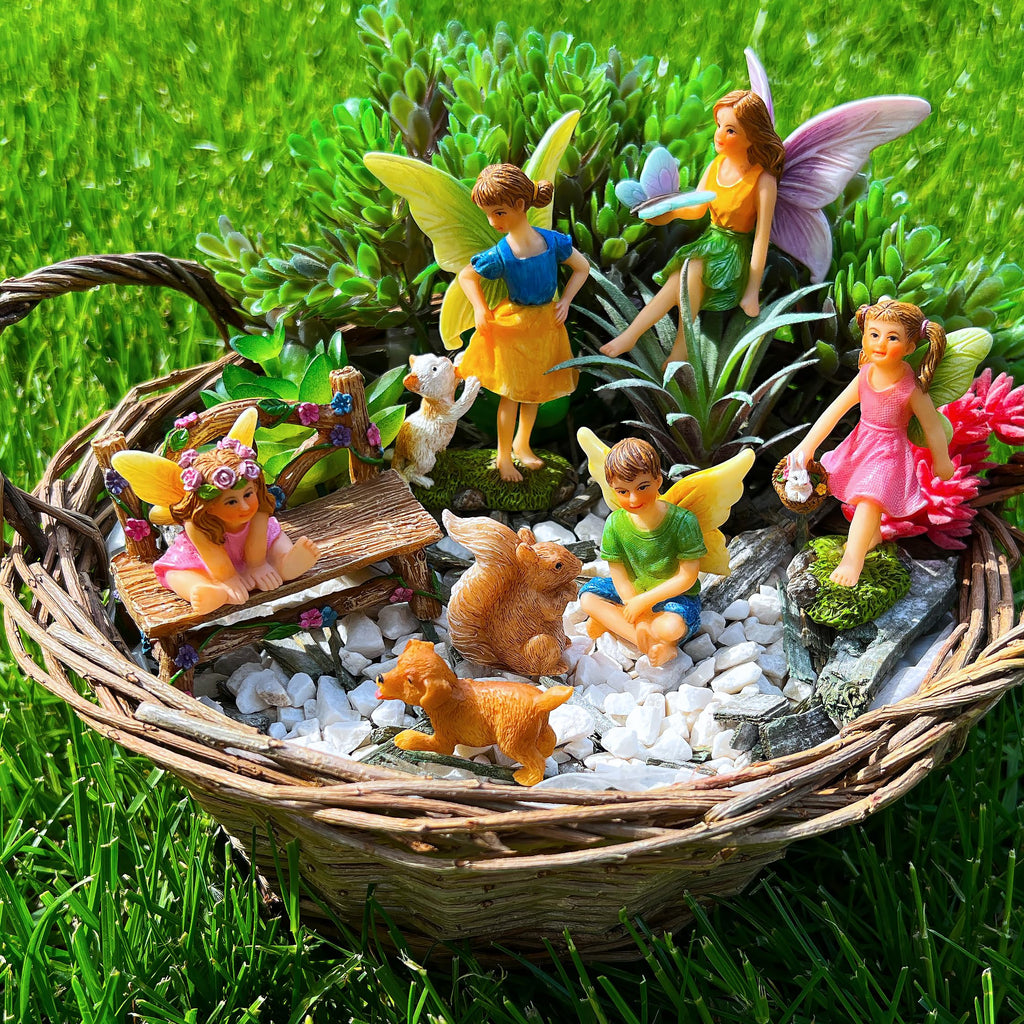 Mood Lab Fairy Garden Figurines with Animals - Miniature Decorative Statues & Accessories Set (8 pcs) - Outdoor & Indoor Garden Decor