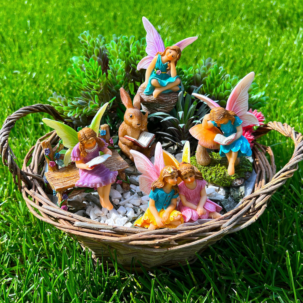 Mood Lab Fairy Garden Figurines - Reading Fairies Set (6 pcs) - Miniature Decorative Statues & Accessories - Outdoor & Indoor Garden Decor