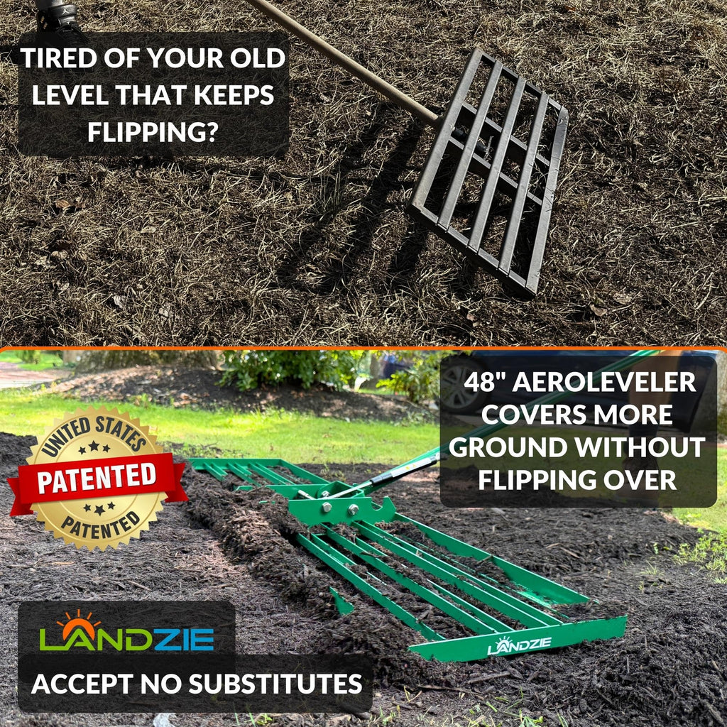 Landzie AeroLeveler - The Lawn Leveling Rake that Never Flips - Patented 48" inch Wide Pneumatic Lawn Level for Yard, Dirt, Soil, Sand, Provides Stability and Control (Pneumatic 48" Leveling rake)