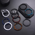 FIRAZIO 10 Pcs Tiger Eye Bracelet For Men 8MM Natural Stone Beads Bracelet Set Stretch Lava Rock Bracelets Adjustable Black Crystal Beaded Bracelet for Men Women Gift