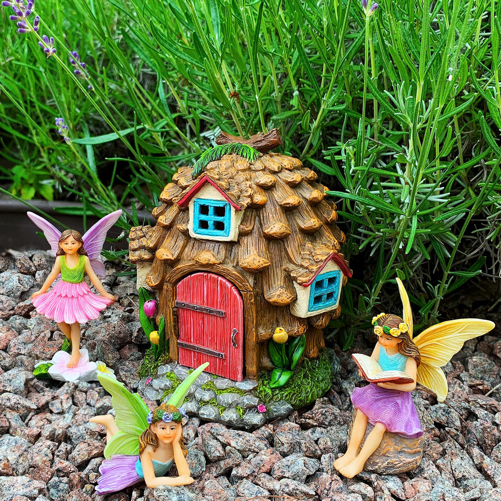 Mood Lab Fairy Garden Figurines - Pinecone Fairy House Set (4 pcs) - Miniature Decorative Statues & Accessories - Outdoor & Indoor Garden Decor