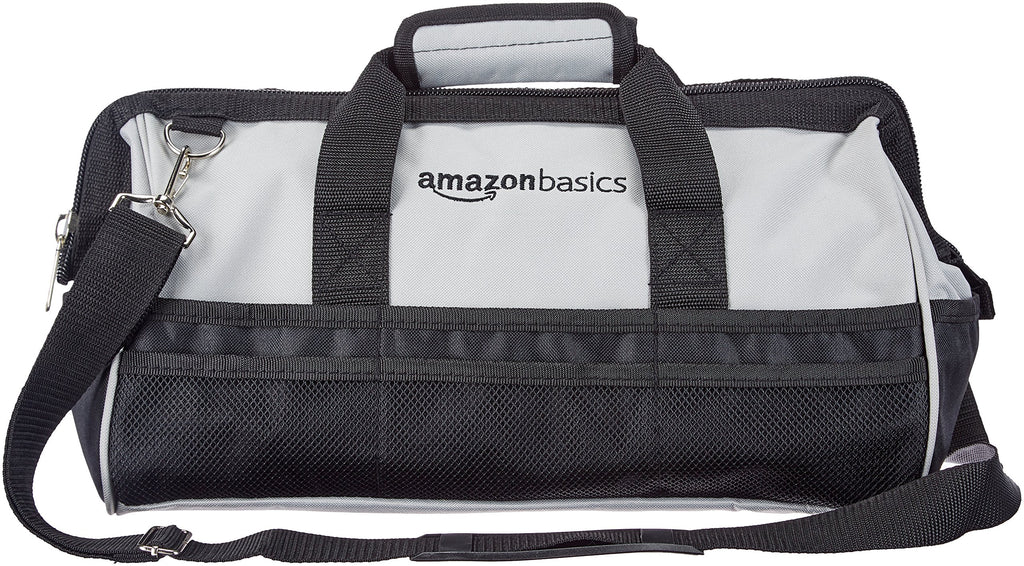 Amazon Basics Durable Wear-Resistant Tool Storage Bag with Adjustable Shoulder Strap, Portable Tool Organizer, 16 in, Black & Grey