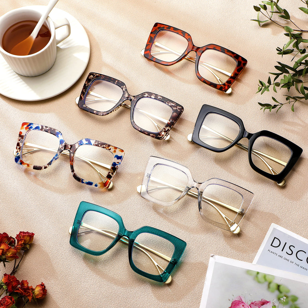 Kingdder 6 Pack Oversized Blue Light Glasses for Women Square Blue Light Blocking Glasses Stylish Computer Reading Eyeglasses (Elegant Colors)