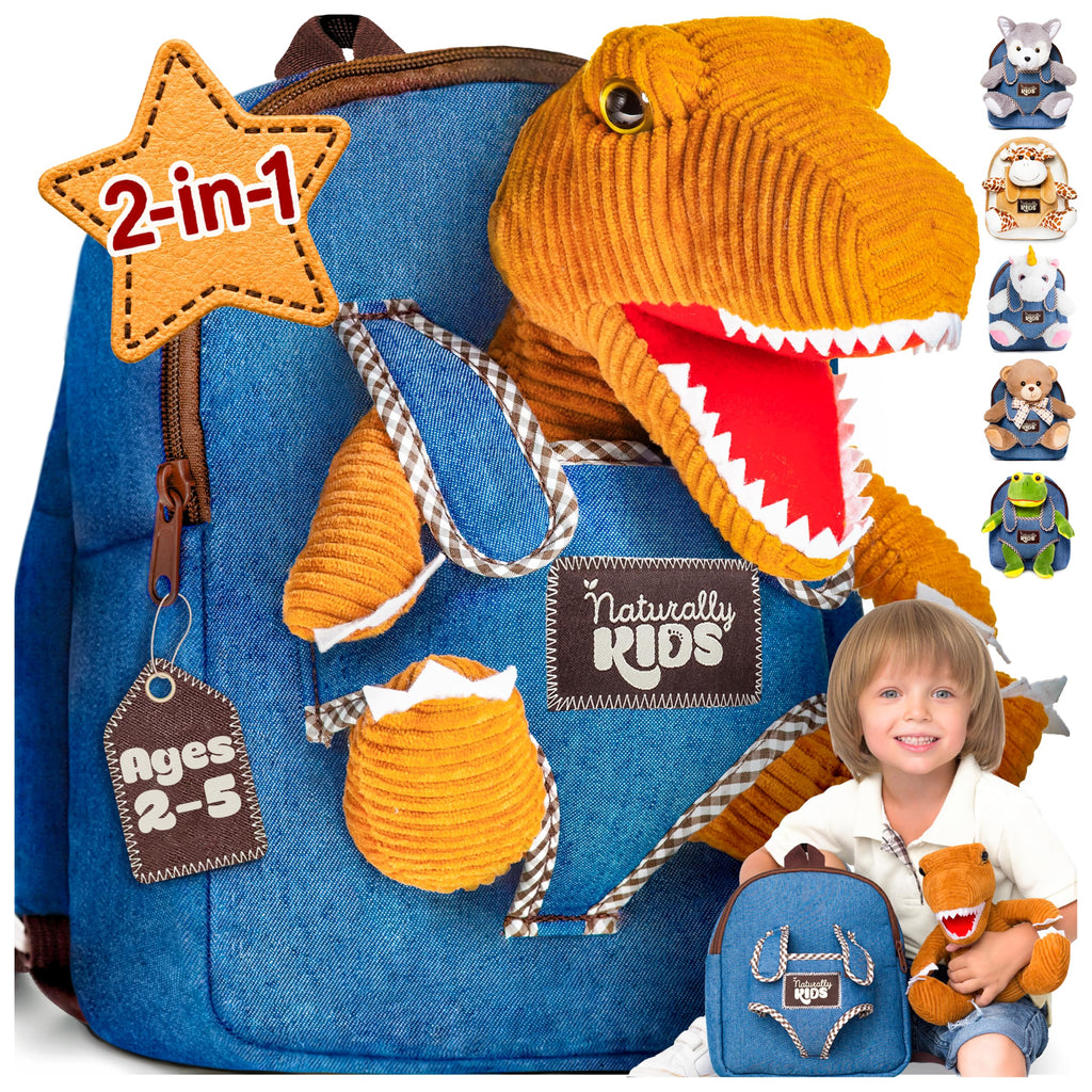 Naturally KIDS Toddler Backpack w. Plush Dinosaur Toy, Kids Gift 2 3 4 5
