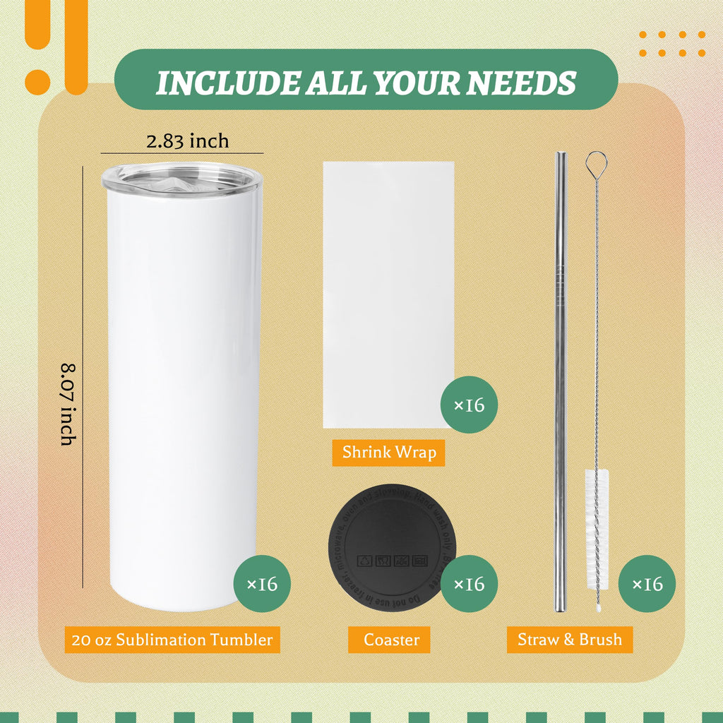 Joyclub 20 oz Sublimation Tumbler Blank 16 Pack Flat Edge Skinny Straight
