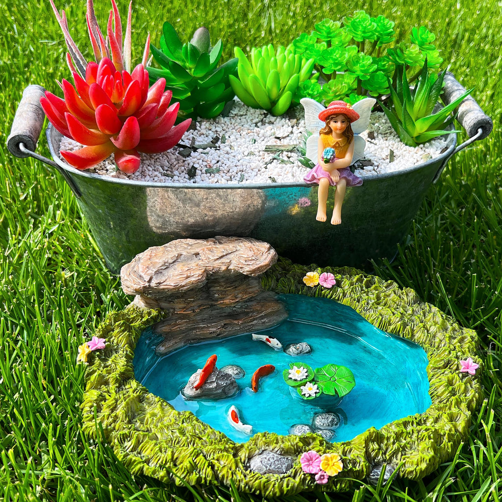 Mood Lab Fairy Garden Figurines - Fish Pond Set (2 pcs) - Miniature Decorative Statues & Accessories - Outdoor & Indoor Garden Decor
