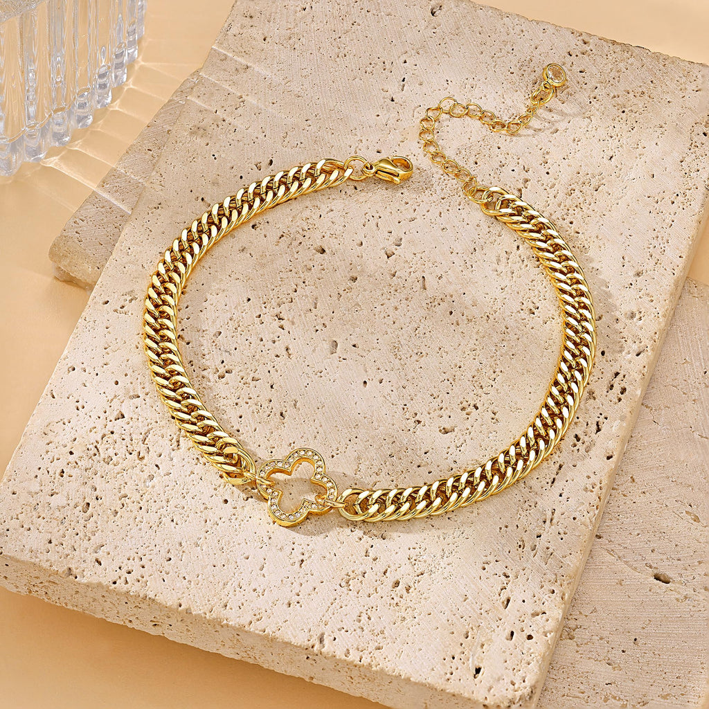 Gold Ankle Bracelets for Women, Waterproof Gold Plated Clover CZ Anklet