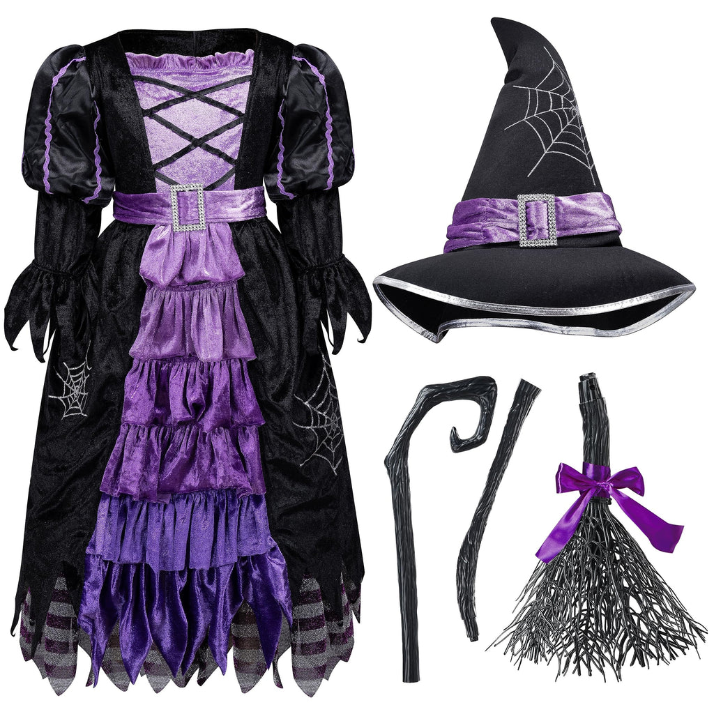 Spooktacular Creations Halloween Fairytale Witch Dress for Kids, Girls Cute Witch Costume Deluxe Set with Broom for Toddler Halloween Role Play Parties, Purple