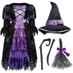 Spooktacular Creations Halloween Fairytale Witch Dress for Kids, Girls Cute Witch Costume Deluxe Set with Broom for Toddler Halloween Role Play Parties, Purple