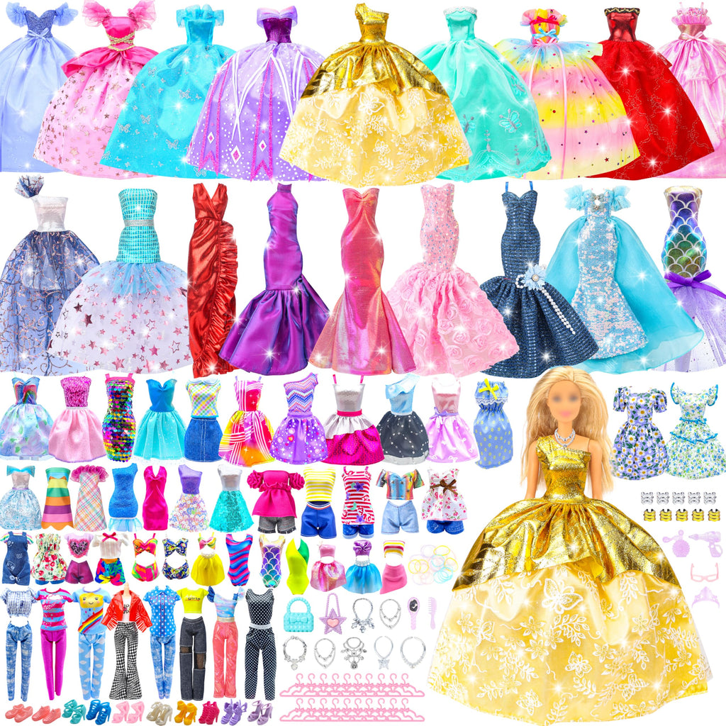 Style Shine 100 Pcs Doll Clothes & Accessories, 4 Wedding Gowns 2 Evening Dresses 6 Fashion Dresses 1 Jumpsuit 5 Tops 5 Pants 2 Swimsuit, 20 Hangers 10 Shoes 46 Accessories Toys for Girl Birthday Gift