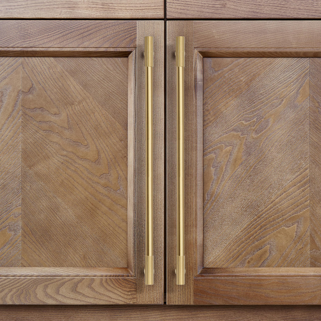 RZDEAL 2pcs Solid Brass Gold Cabinet Pulls, 12-3/5Inch Hole Centers for Kitchen Cupboard Handles Modern Drawer Dresser Pulls Bathroom Brushed Brass Cabinet Pulls Wardrobe Door Handles