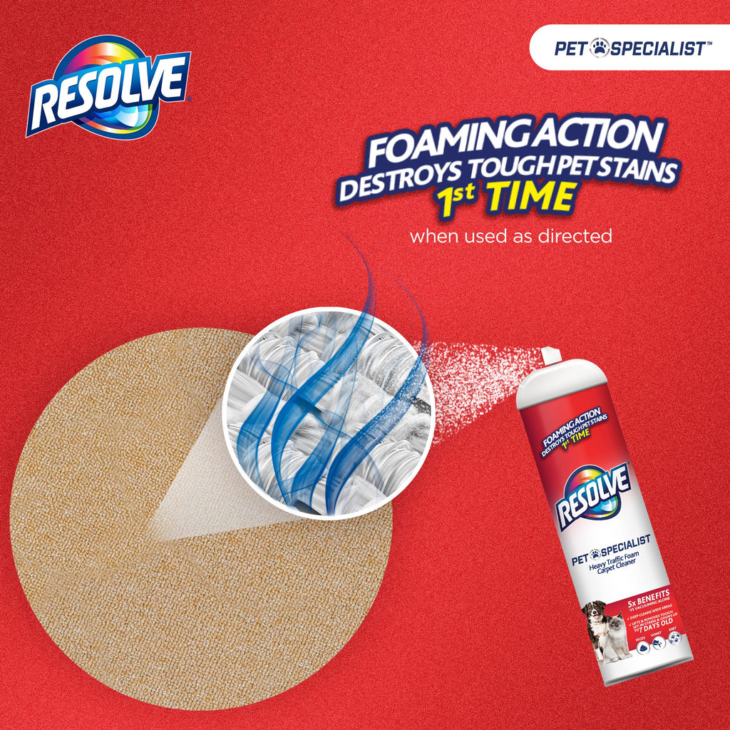 Resolve Pet Specialist Easy Clean Brushing Kit includes High Traffic Foam Carpet Cleaner, Pet Stain and Odor Remover, 22oz