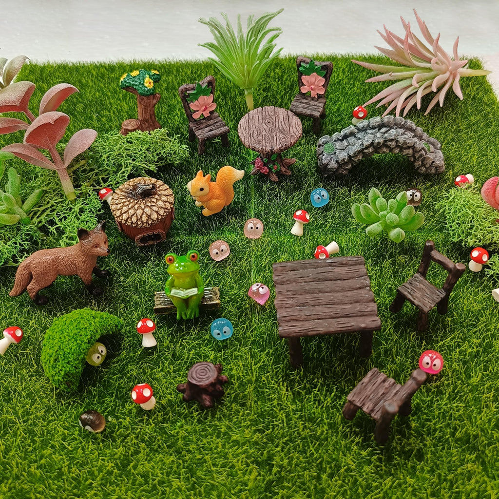 QuarenDen 44 Pcs Fairy Garden Accessories, Miniature Table and Chairs Set, Miniature Figurines Mini Resin Animals House Bridge for Micro Landscape Potted Plant Terrarium Decor DIY Craft Gift