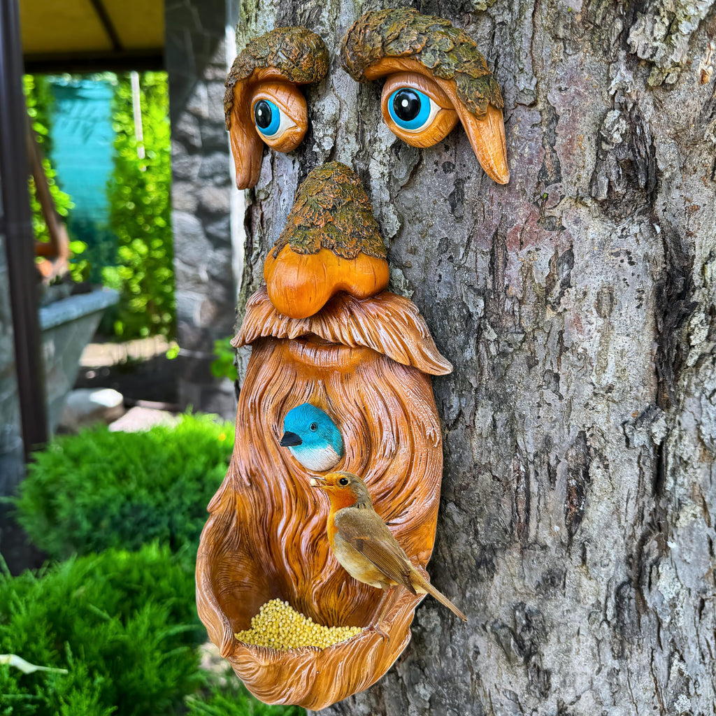 Mood Lab Tree Face Decor with Blue Bird Accent - Outdoor Old Man Face Decoration - Tree Garden Hugger - Yard Art Statue
