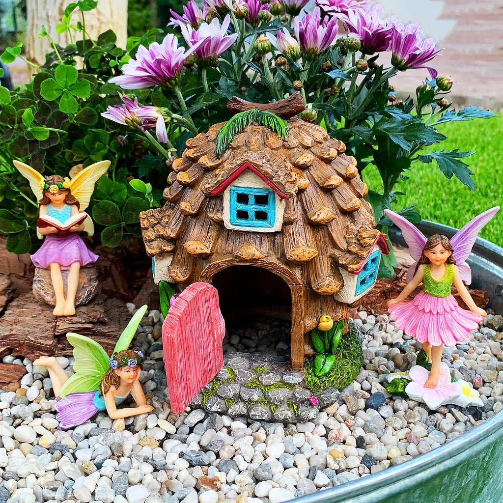 Mood Lab Fairy Garden Figurines - Pinecone Fairy House Set (4 pcs) - Miniature Decorative Statues & Accessories - Outdoor & Indoor Garden Decor