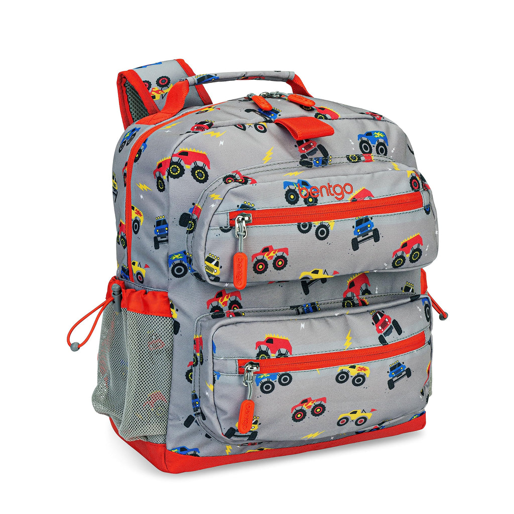Bentgo Kids Backpack - Lightweight 14” Backpack in Fun Prints for School, Travel, & Daycare, Ideal for Ages 4+, Roomy Interior, Durable & Water-Resistant Fabric, & Loop for Lunch Bag (Trucks)