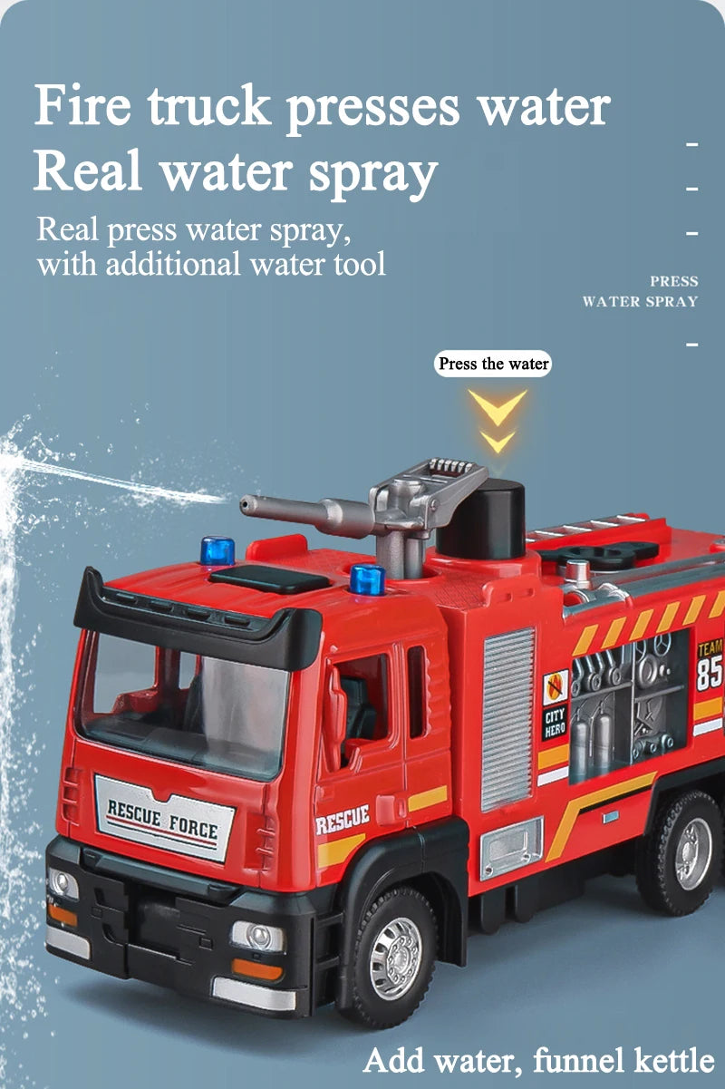 1:50 Fire Truck Alloy Diecast Simulation Sprinkler Toy with Light Music Water Spray Rescue Car Children's Toy Firefighter Truck