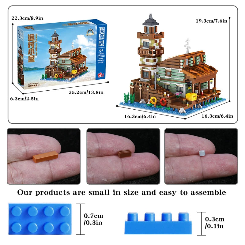 2689PCS Fishing Village House Building Blocks Micro Bricks Wood Cabin Assemble Architectural Toy Set Gift For Children Kids