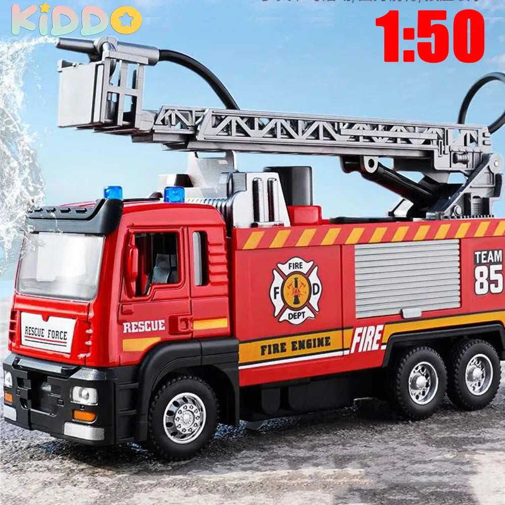 1:50 Fire Truck Alloy Diecast Simulation Sprinkler Toy with Light Music Water Spray Rescue Car Children's Toy Firefighter Truck