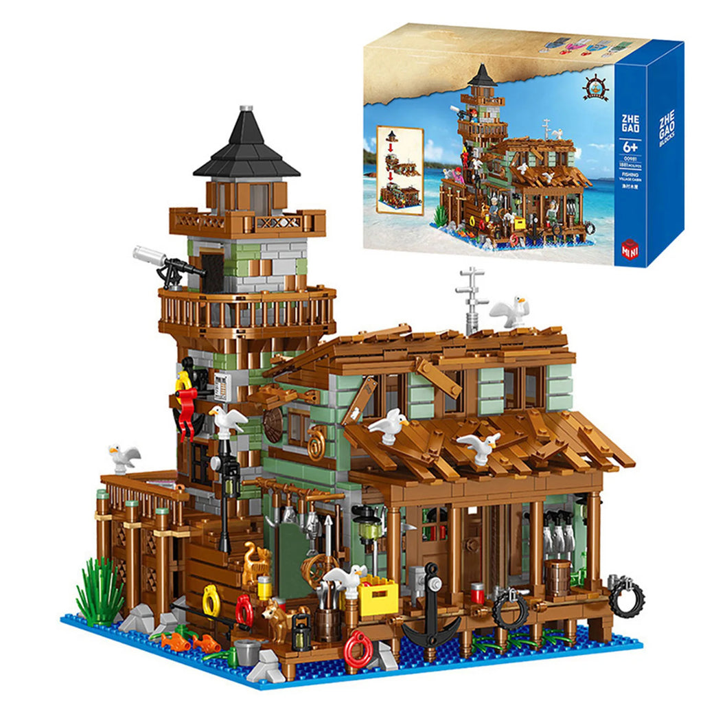 1881PCS Creative Fishing Village Cabin Building Blocks Seaport Wood House Assemble Micro Bricks Toys Gift For Children Kids
