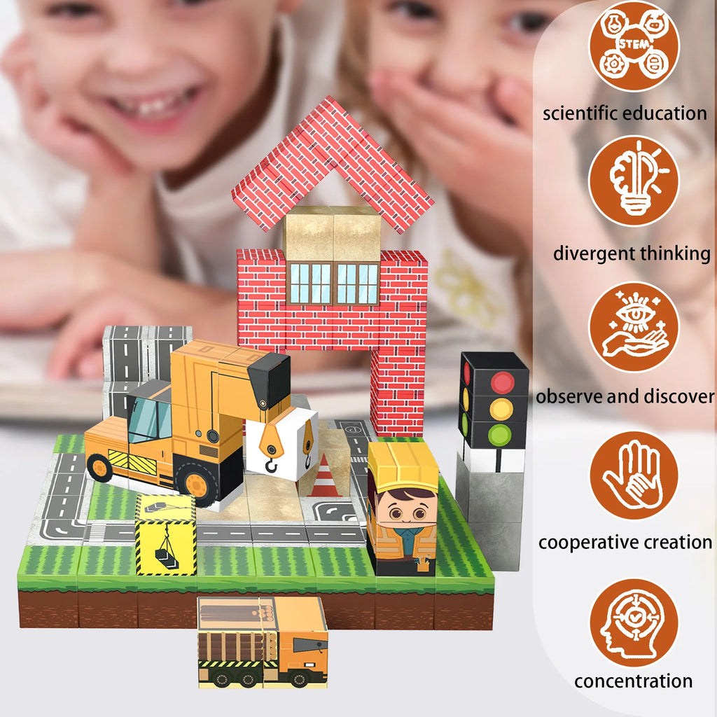 103PCS Magnetic Building Blocks Set - Construction Town STEM Toys for Kids, Educational Engineering Kit with Cars & Signs, Creat